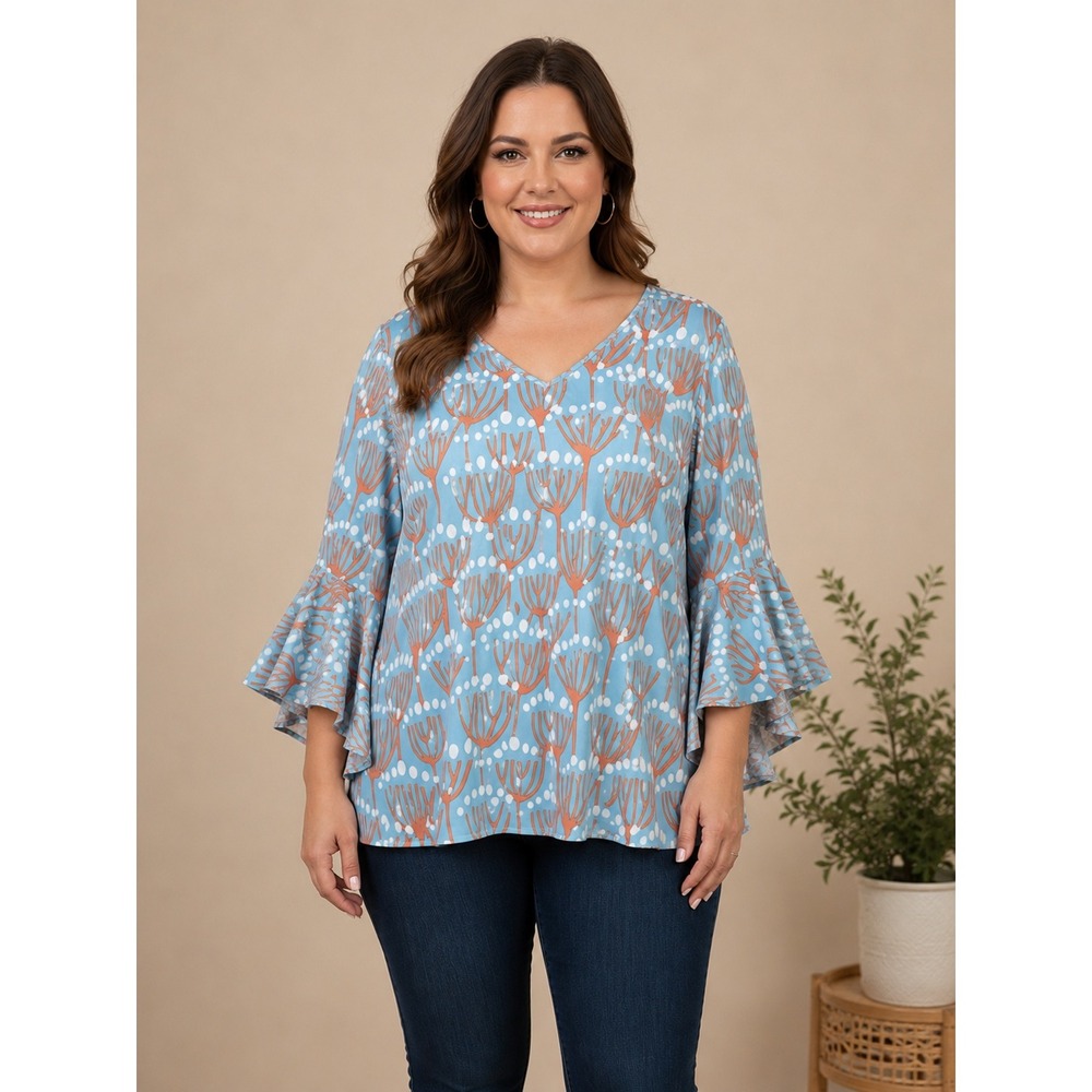 Buckhead Betties Coral Print Top Women Large Blue Orange Bell Sleeve Fluid Knit